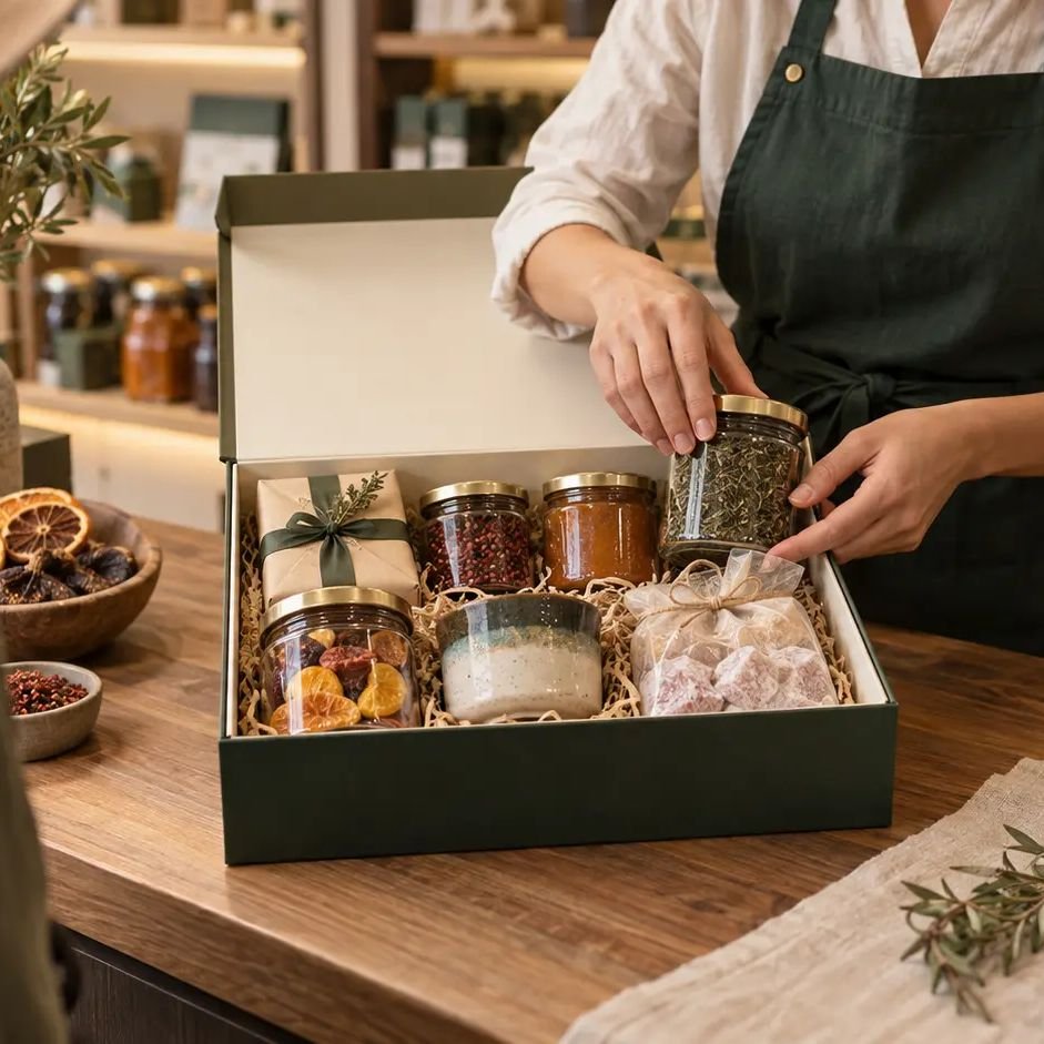 Curated local food products packed as a travel gift