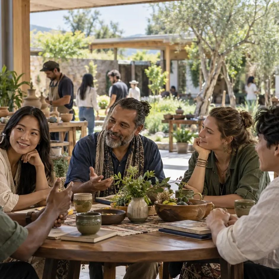 Travelers sharing local food around a common table