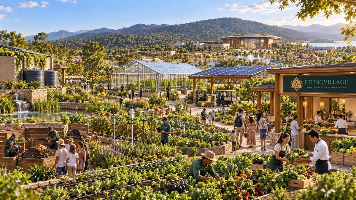 Regenerative farms, gardens, solar panels and greenhouses at EthnoVillage