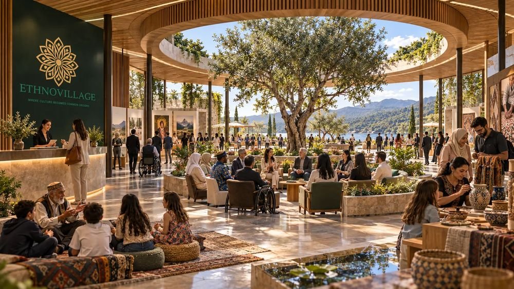 People from different backgrounds meeting in an open cultural pavilion