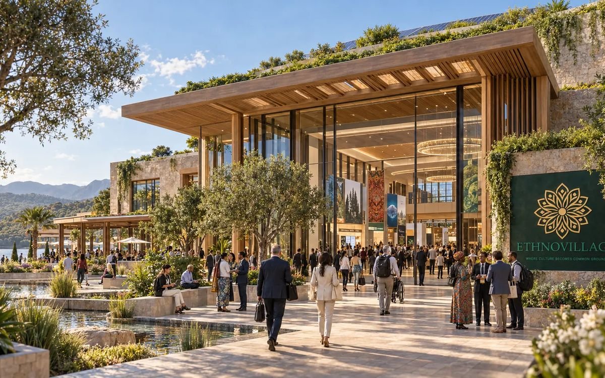 Contemporary expo and convention center within a landscaped cultural destination